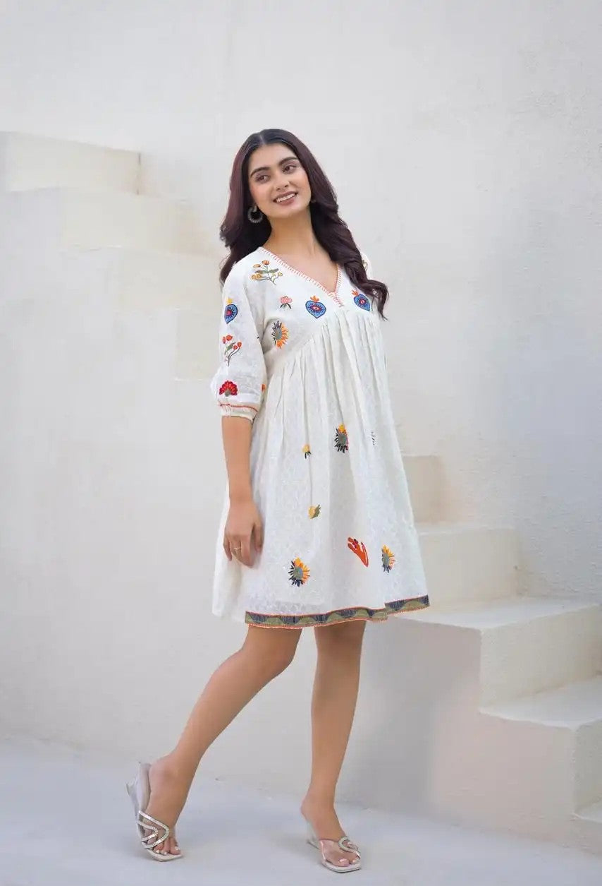 White Embroidered Cotton Short Frock for Women