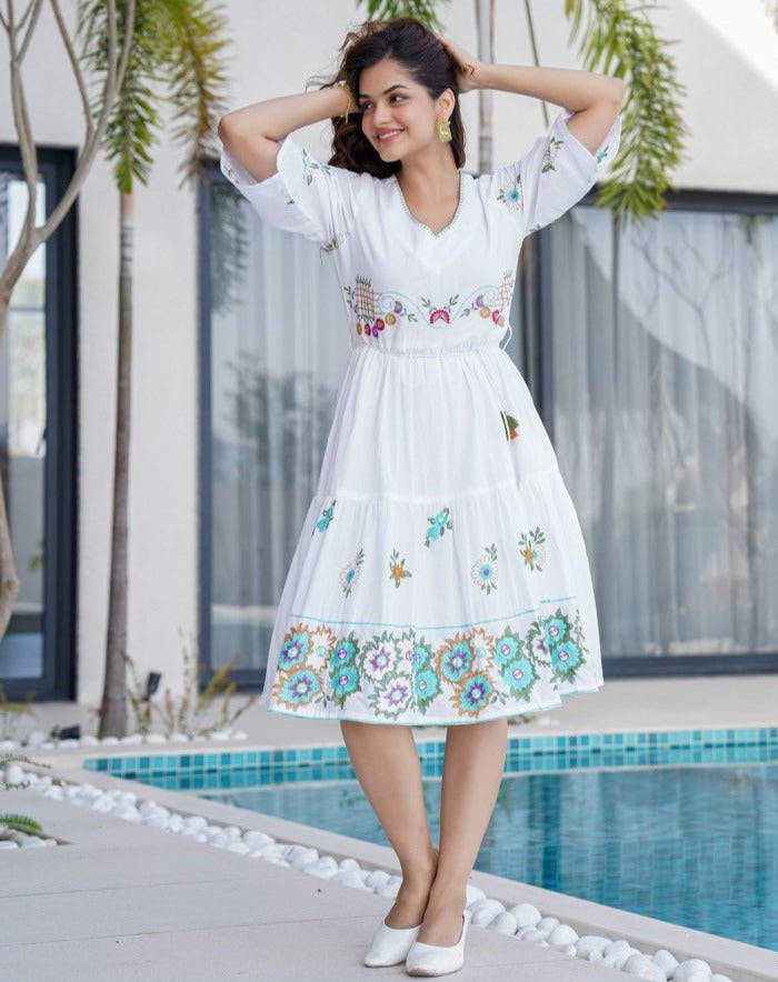 Floral Charm Pure Cotton Embroidered Midi Dress