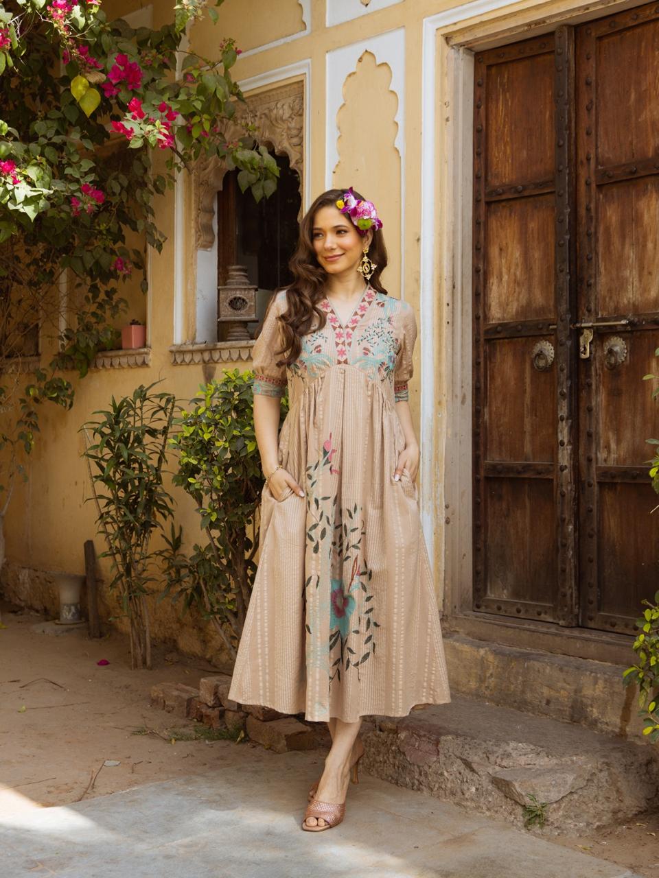Sand Blossom Muse Cotton Embroidered Midi Dress