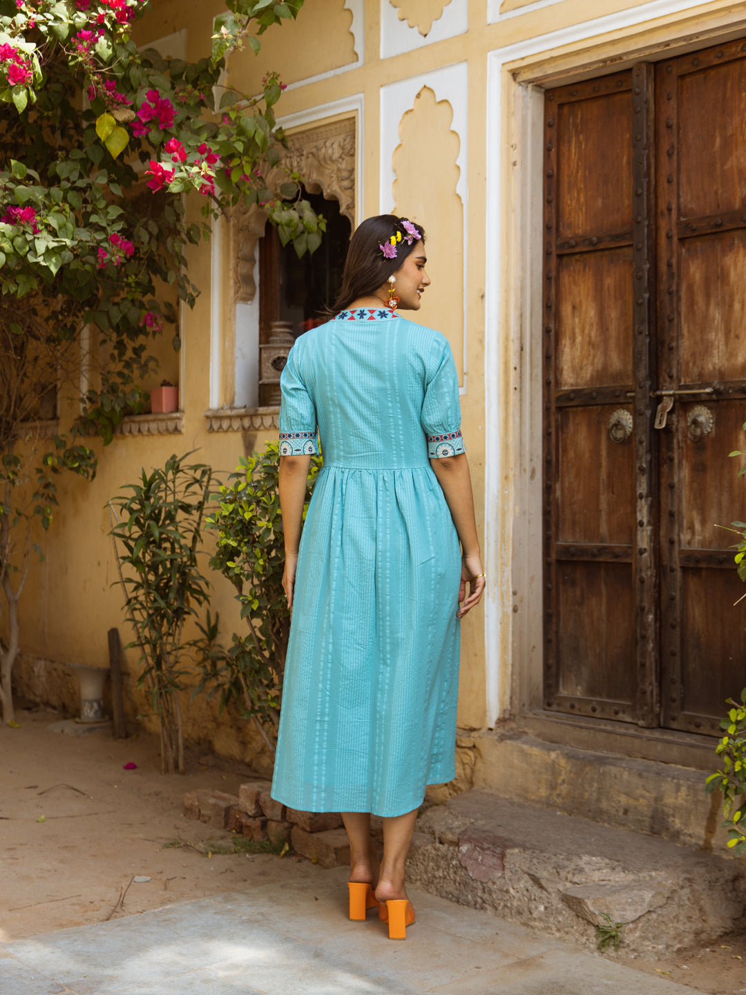 Turquoise Tale Bloomthread Cotton Long Dress