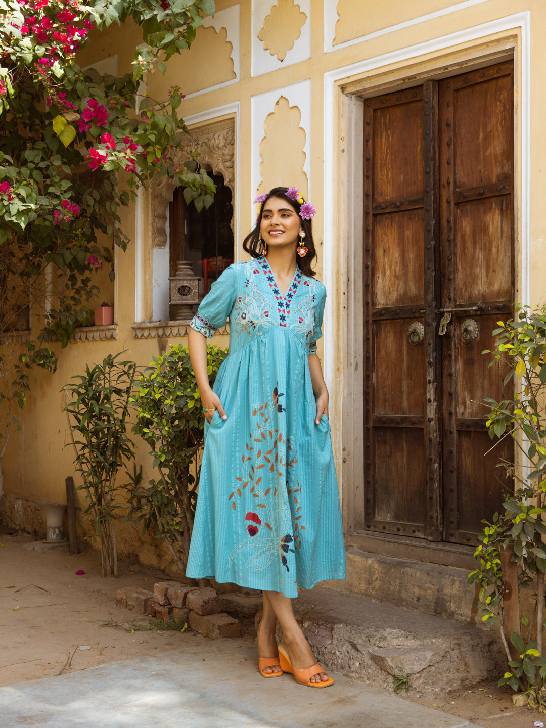 Turquoise Tale Bloomthread Cotton Long Dress