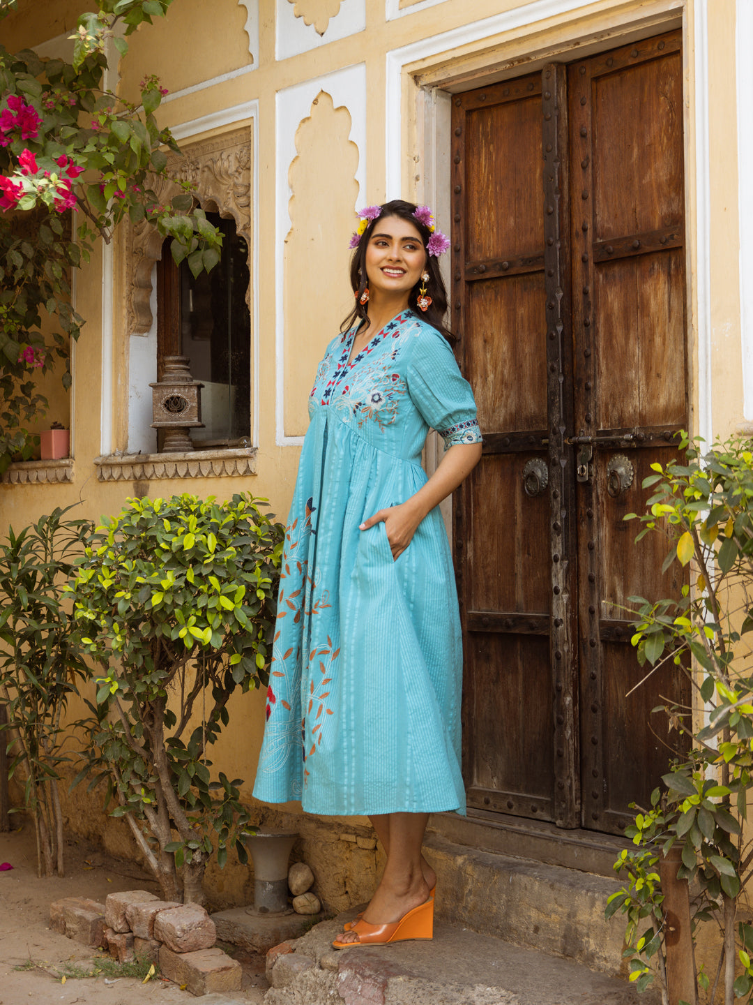 Turquoise Tale Bloomthread Cotton Long Dress