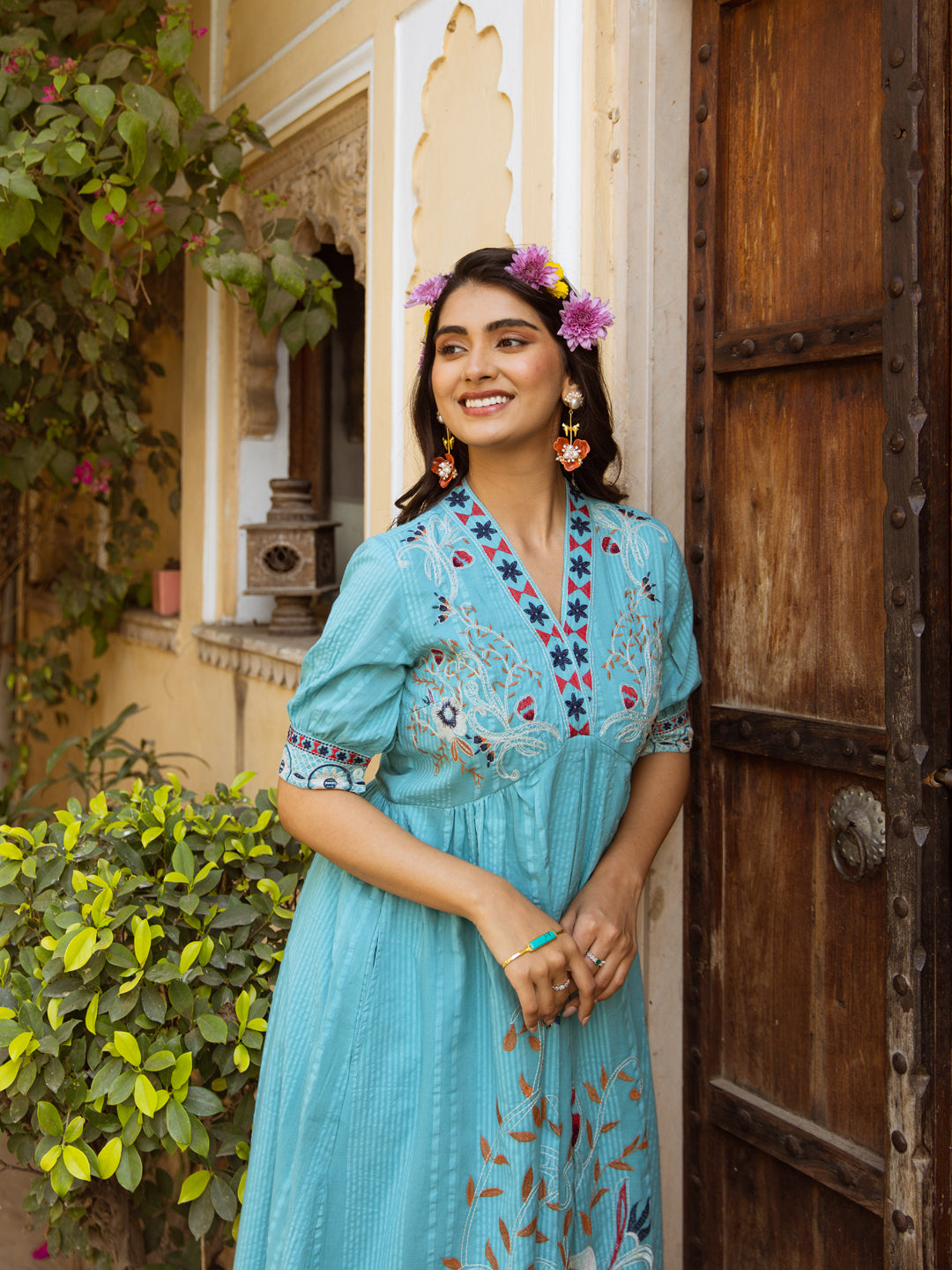 Turquoise Tale Bloomthread Cotton Long Dress