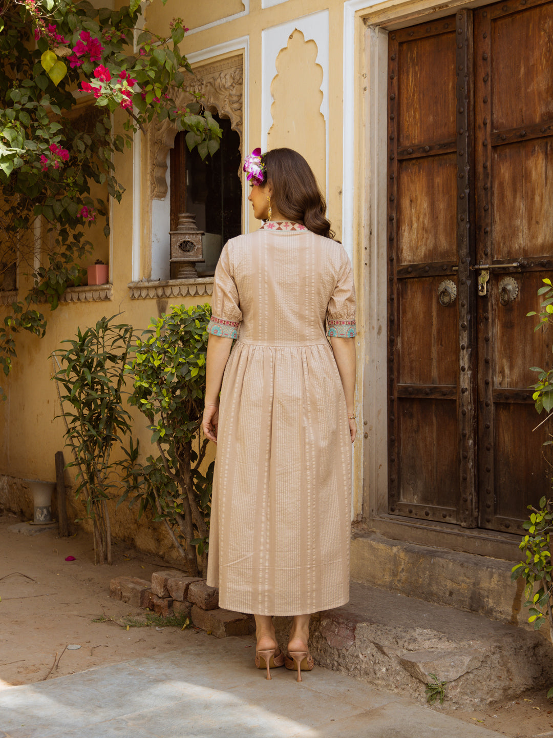 Sand Blossom Muse Cotton Embroidered Midi Dress