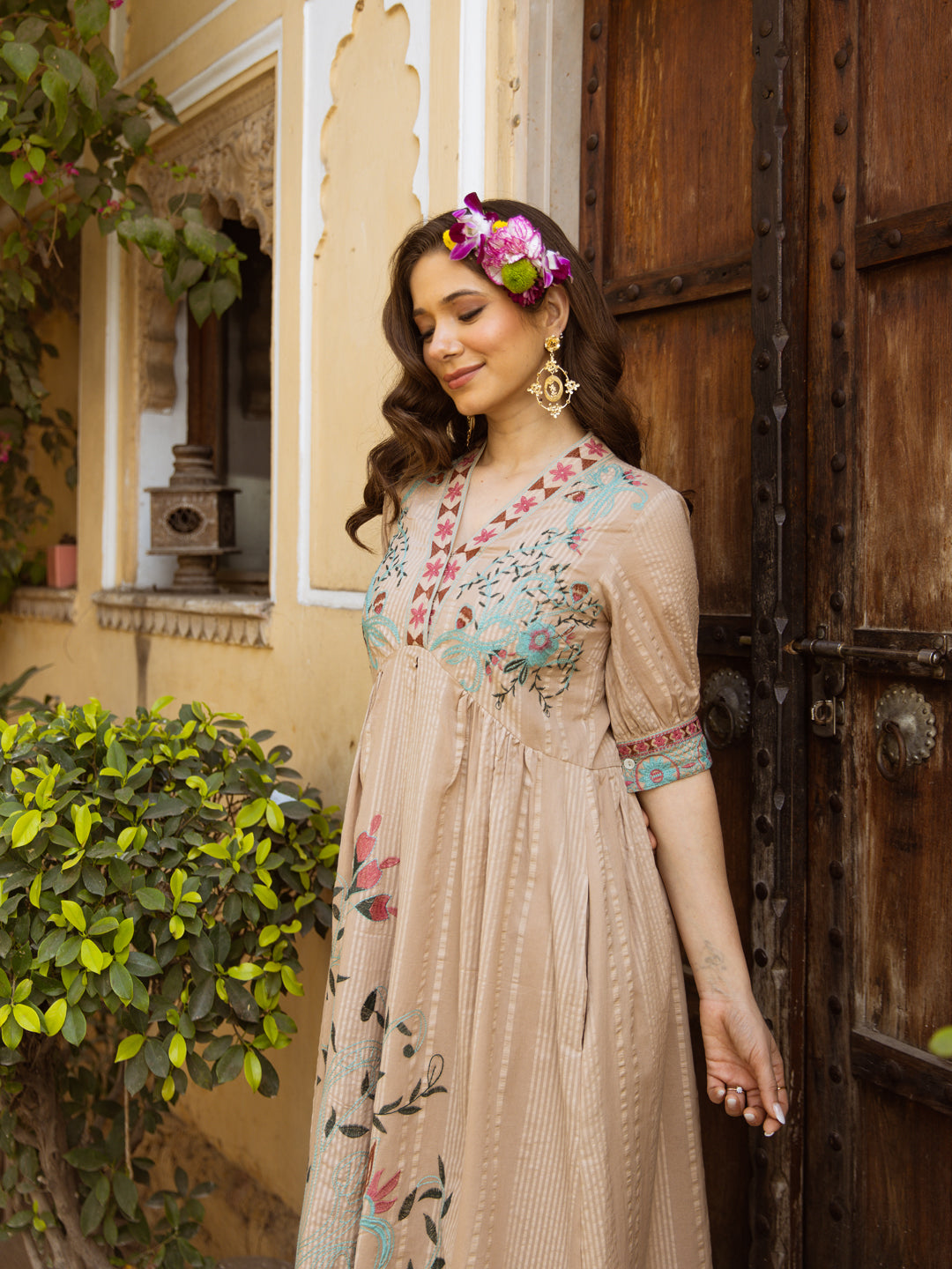 Sand Blossom Muse Cotton Embroidered Midi Dress