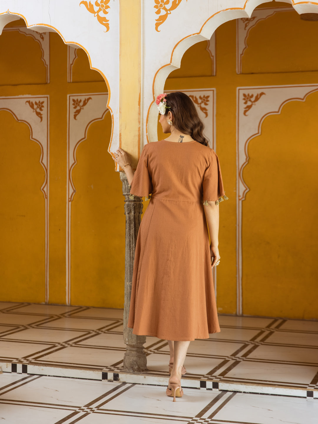 Saffron Whisper Cotton Embroidered Long Dress