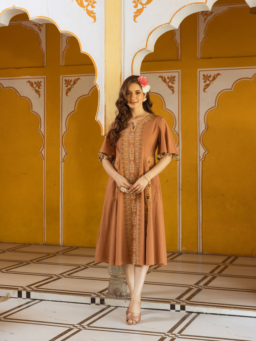 Saffron Whisper Cotton Embroidered Long Dress