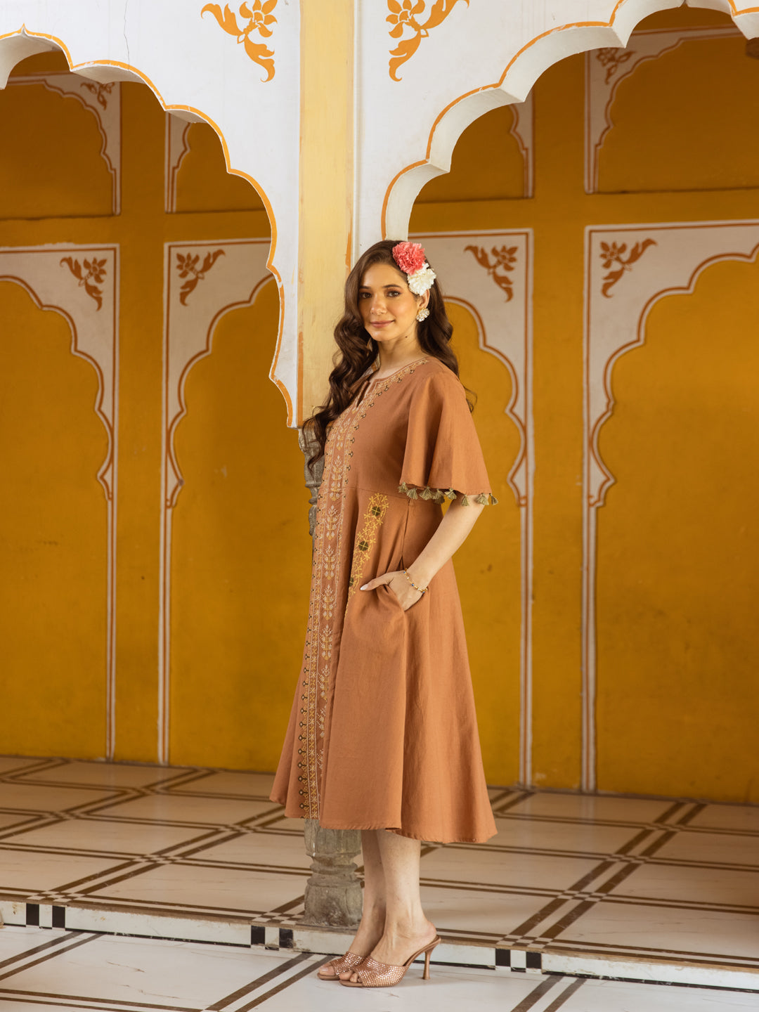 Saffron Whisper Cotton Embroidered Long Dress