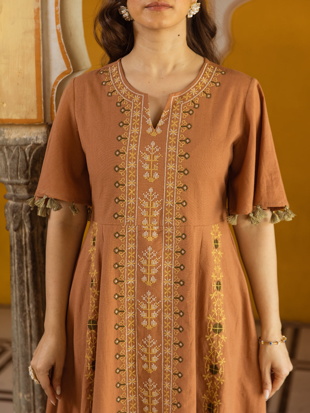 Saffron Whisper Cotton Embroidered Long Dress