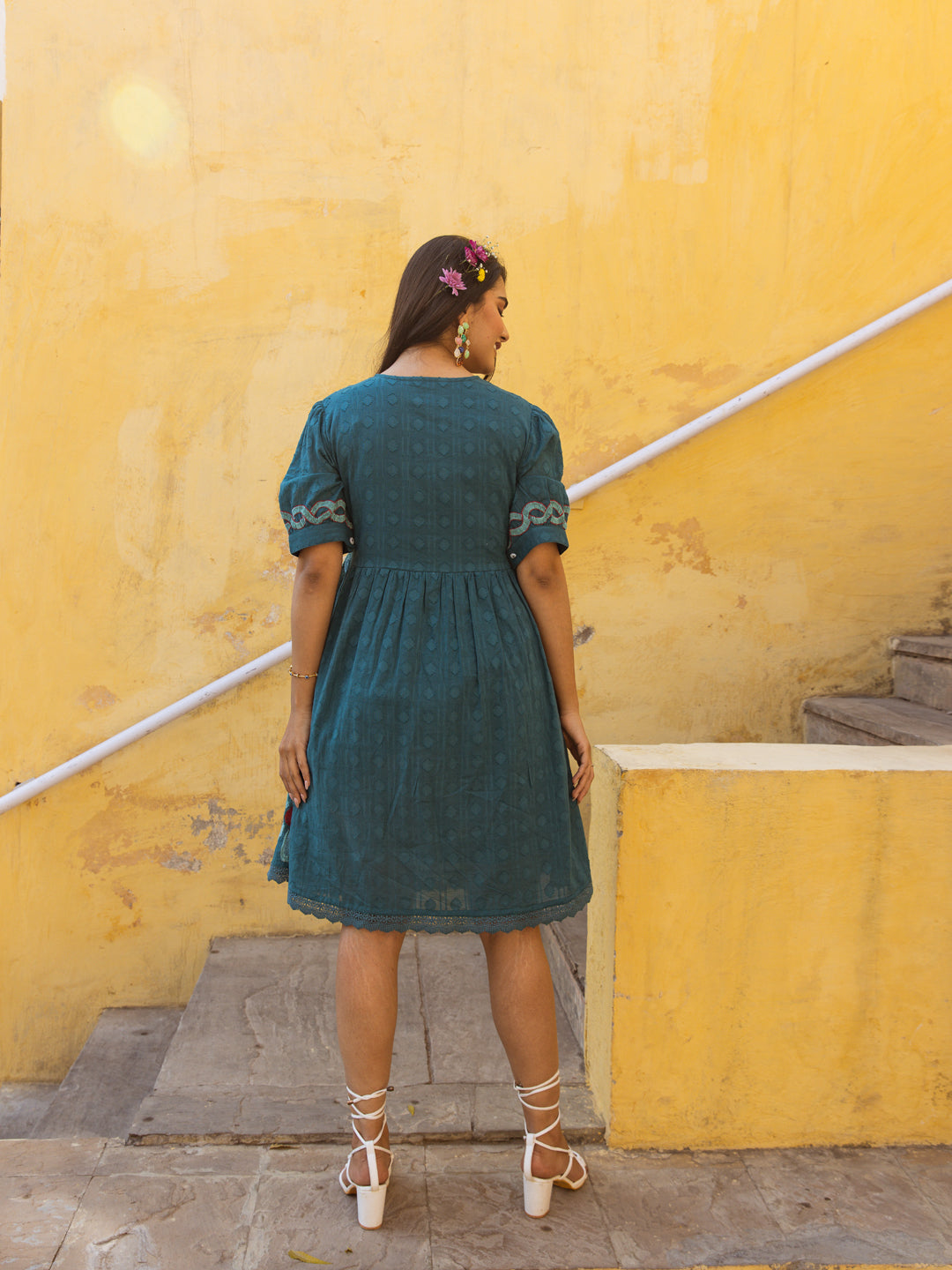 Teal Bloom Whimsy Garden Embroidered Cotton Dress
