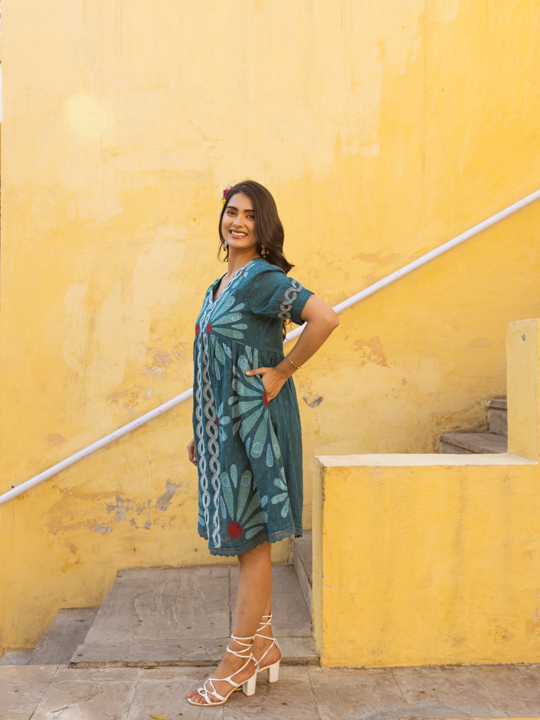 Teal Bloom Whimsy Garden Embroidered Cotton Dress