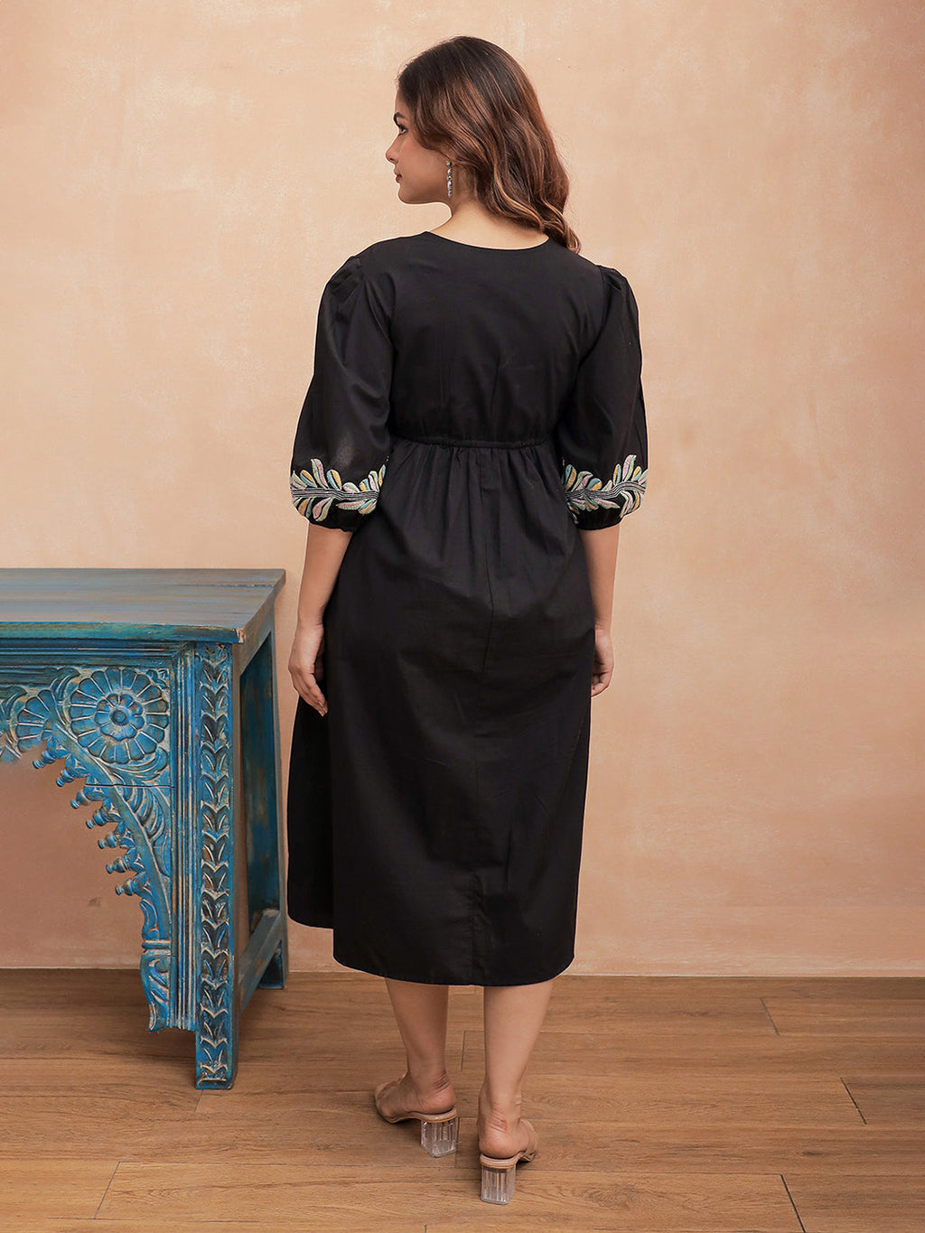 Midnight Bloom Cotton Embroidered Long Dress