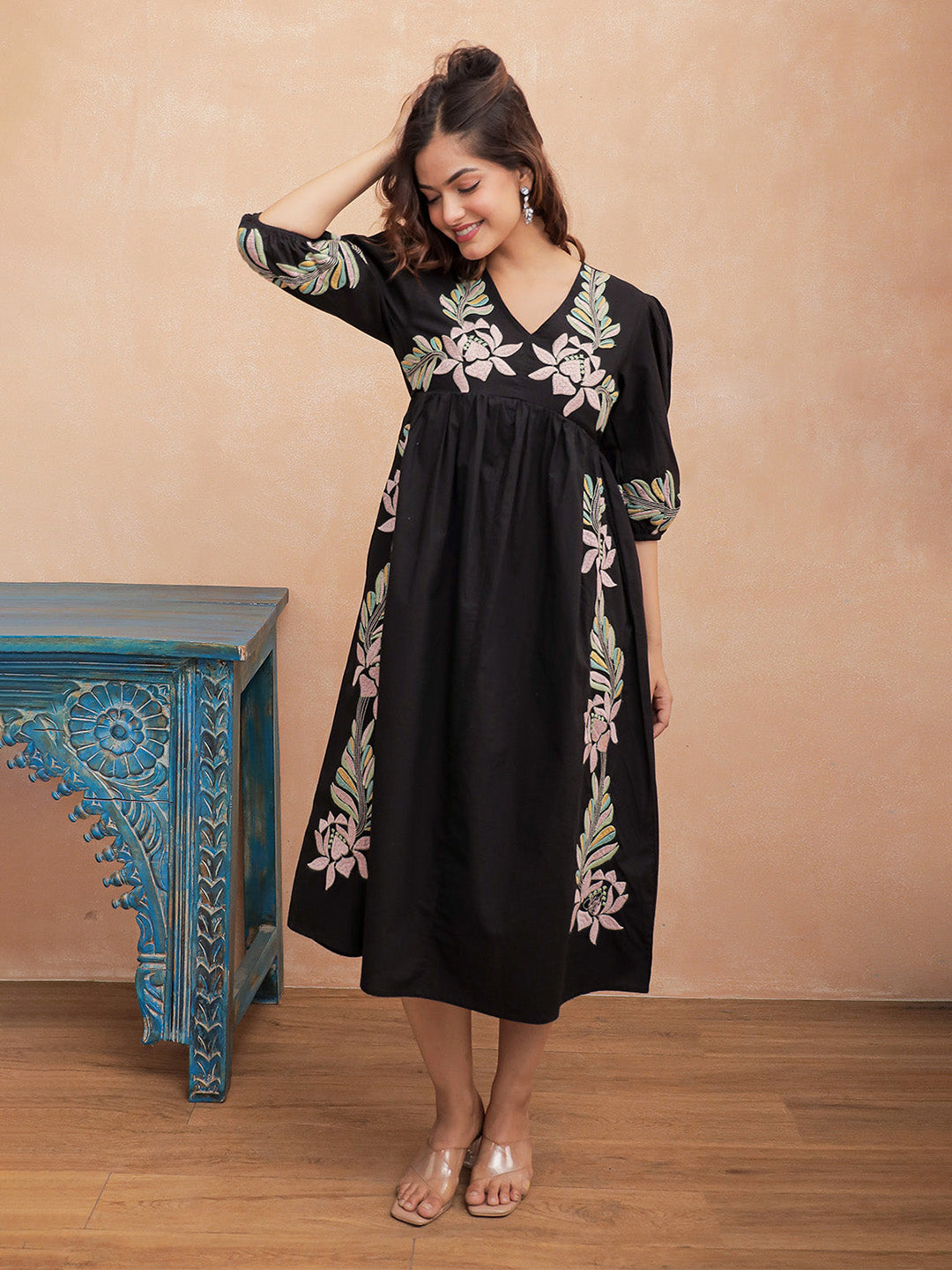 Midnight Bloom Cotton Embroidered Long Dress