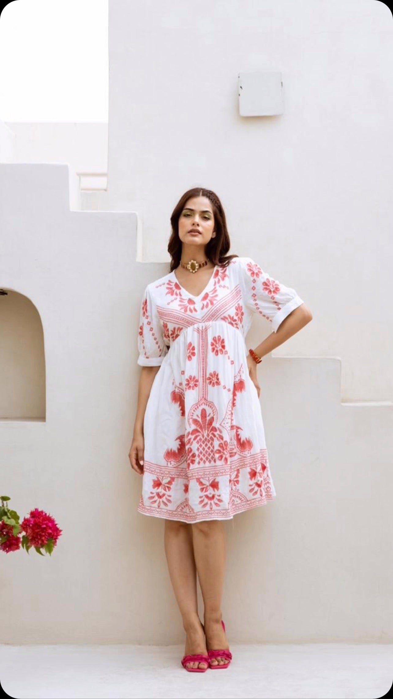 Radiant White Dress with Red Floral Embroidery