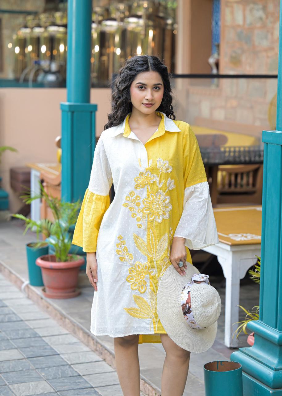 Marigold Mist Cotton Embroidered Dress