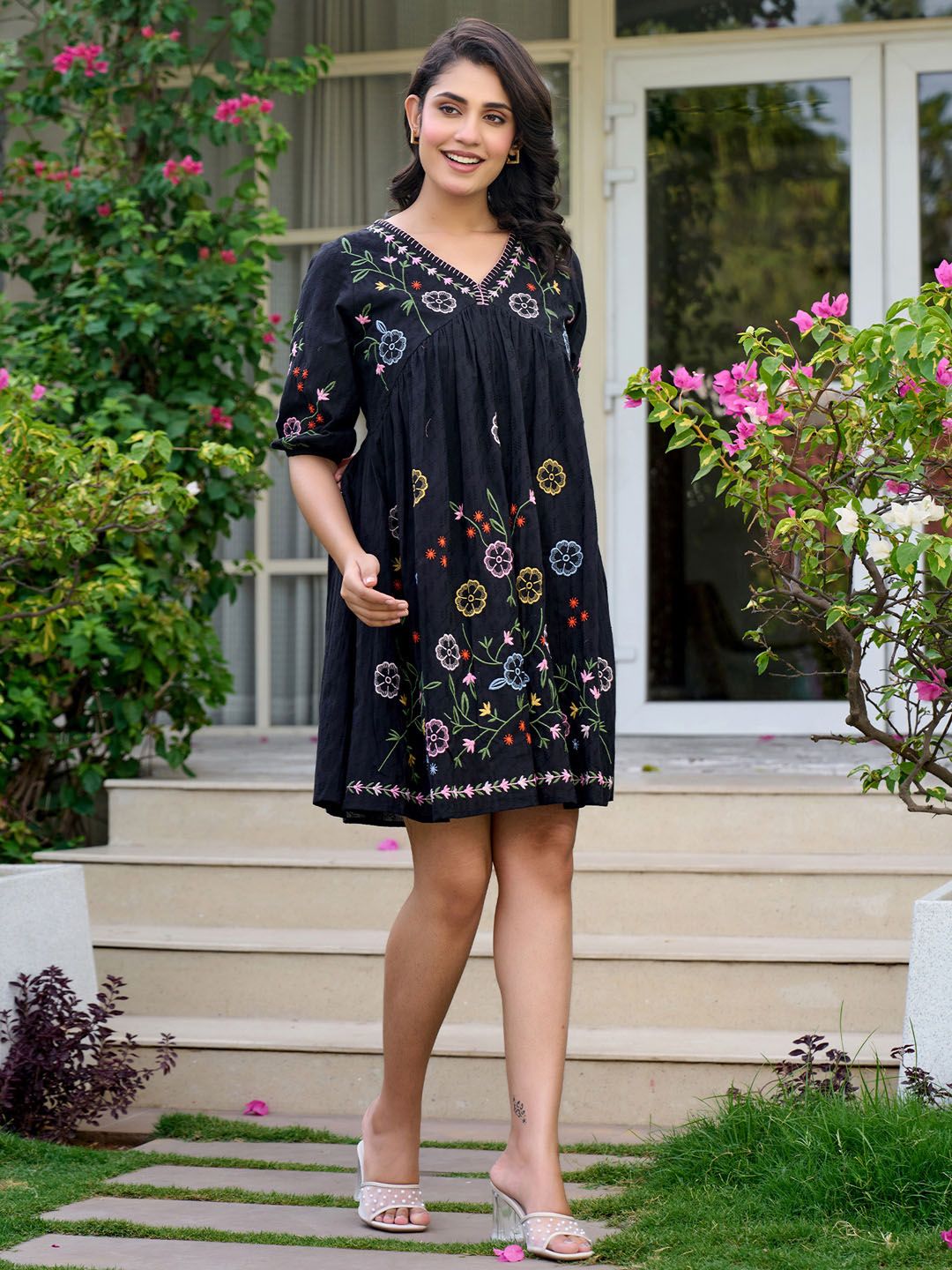 Moonlit Flora Cotton Embroidered Short Frock
