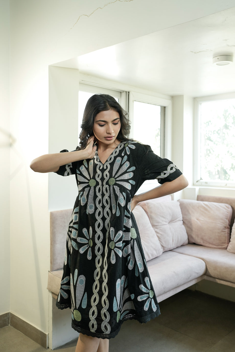 Noir Bloom Retro Petal Embroidered Cotton Dress