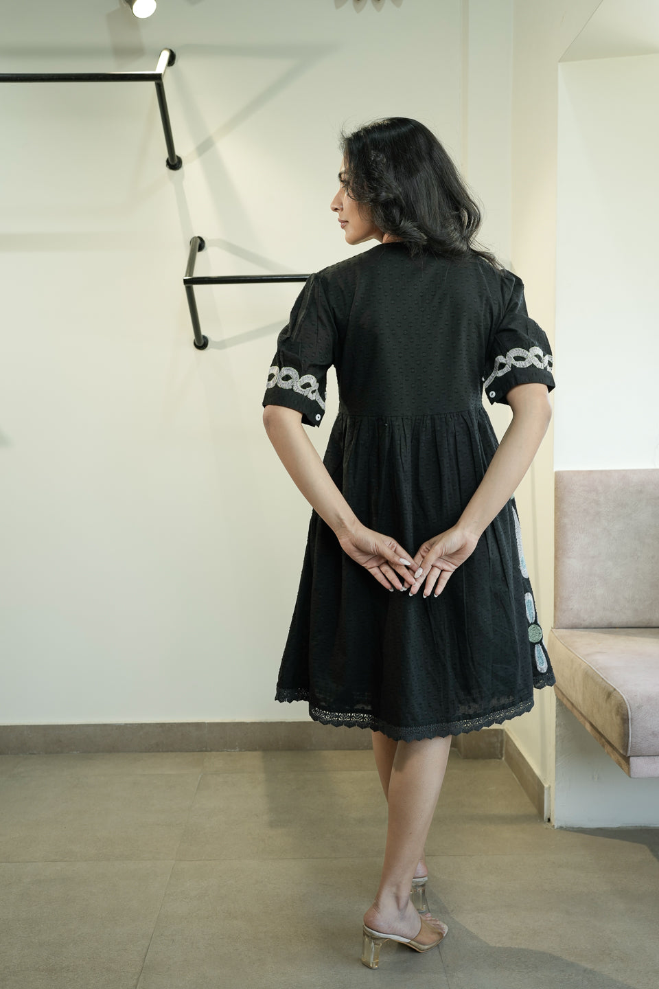 Noir Bloom Retro Petal Embroidered Cotton Dress