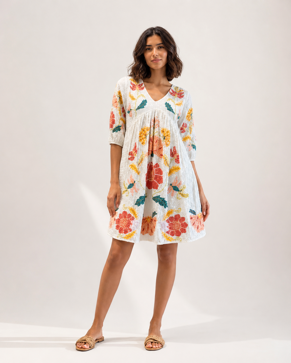 White Floral Embroidered Cotton Short Frock for Women