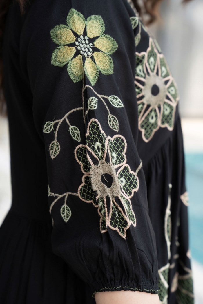 Mystic Allure: Black Cotton Embroidered Dress