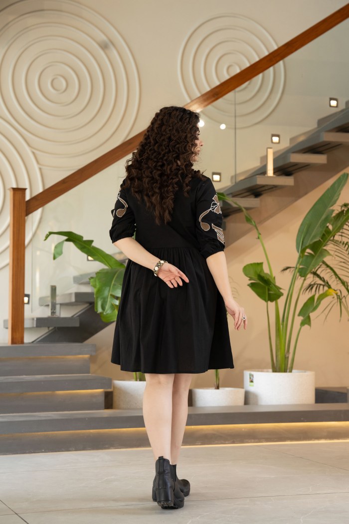 Noir Blossom Embroidered Black Cotton Dress