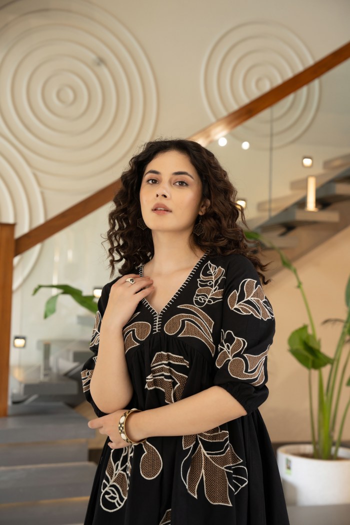 Noir Blossom Embroidered Black Cotton Dress