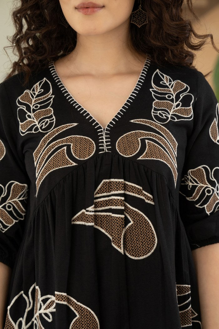 Noir Blossom Embroidered Black Cotton Dress
