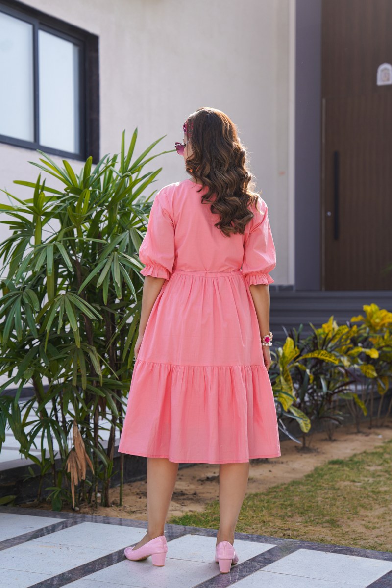 Blush Bloom Garden Charm Embroidered Cotton Midi Dress