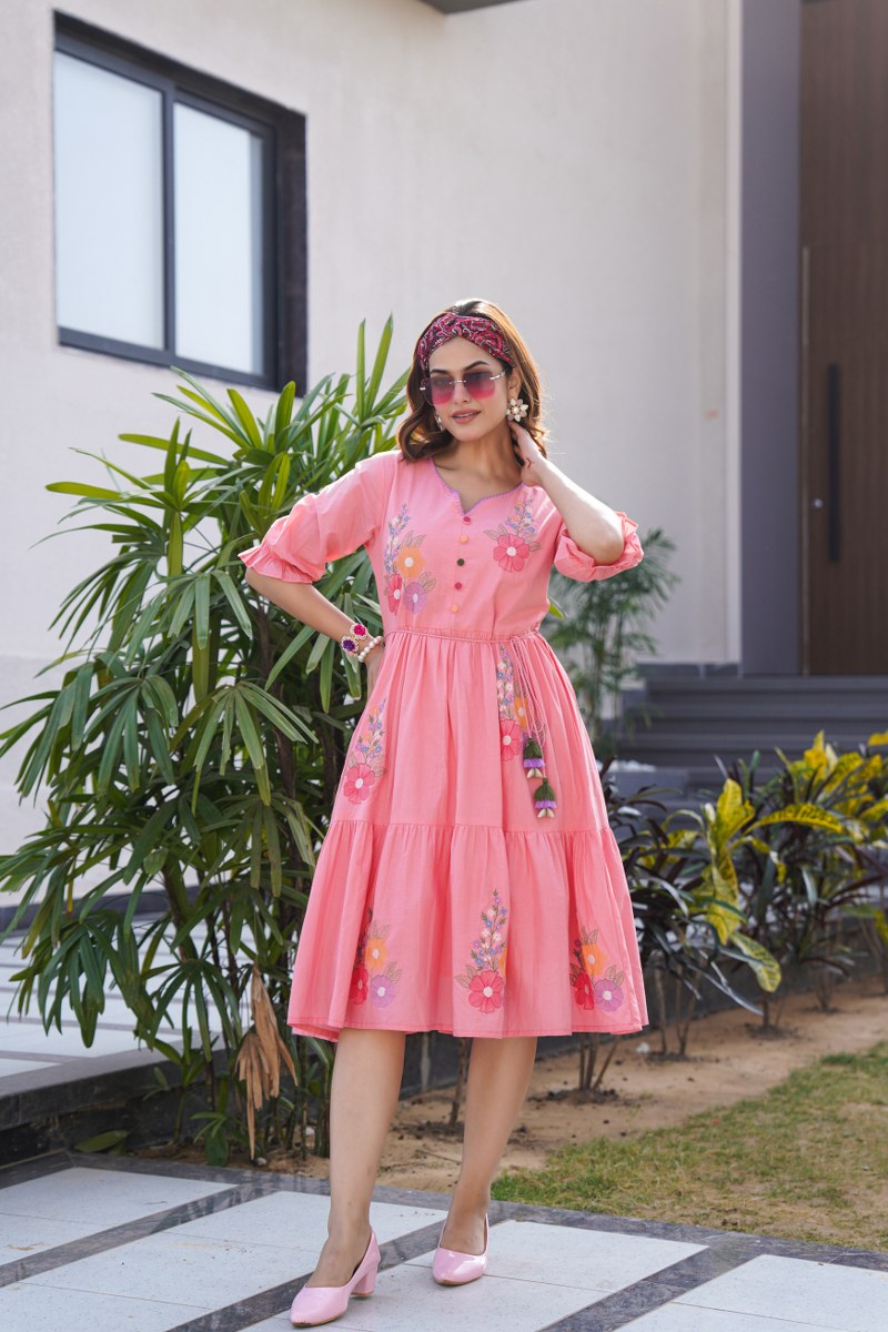 Blush Bloom Garden Charm Embroidered Cotton Midi Dress