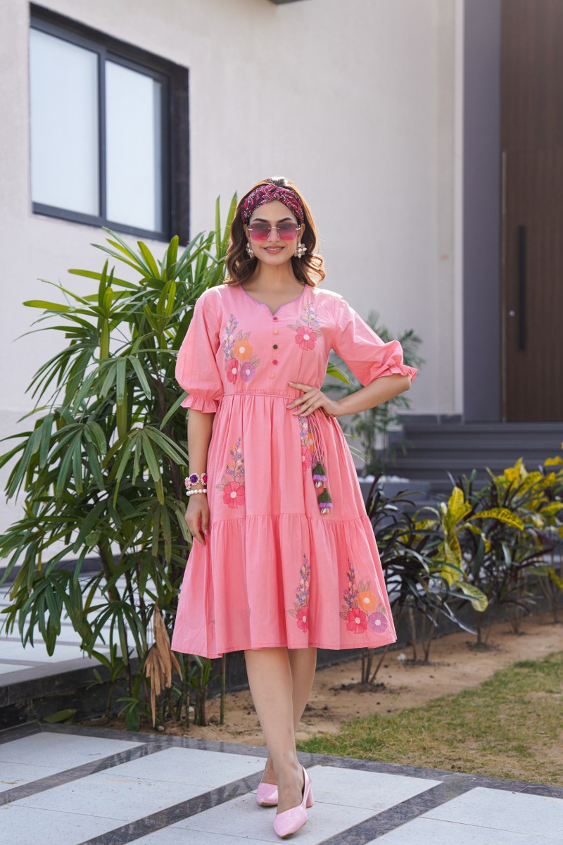 Blush Bloom Garden Charm Embroidered Cotton Midi Dress