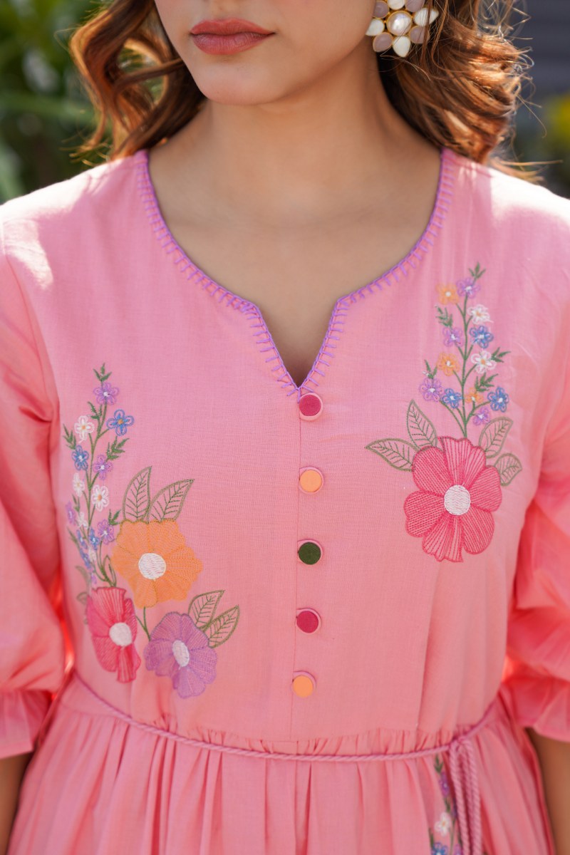 Blush Bloom Garden Charm Embroidered Cotton Midi Dress