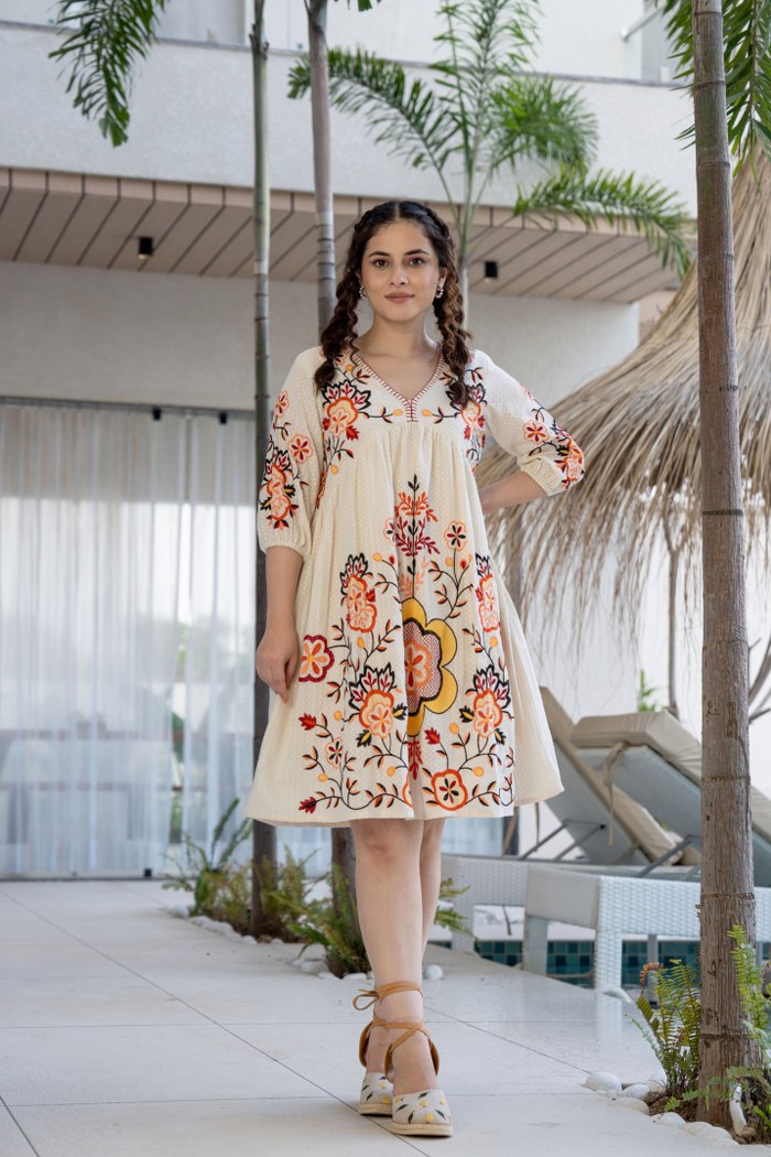 Pure Grace: Off-White Embroidered Cotton Dress – निवारा (NIVARA)