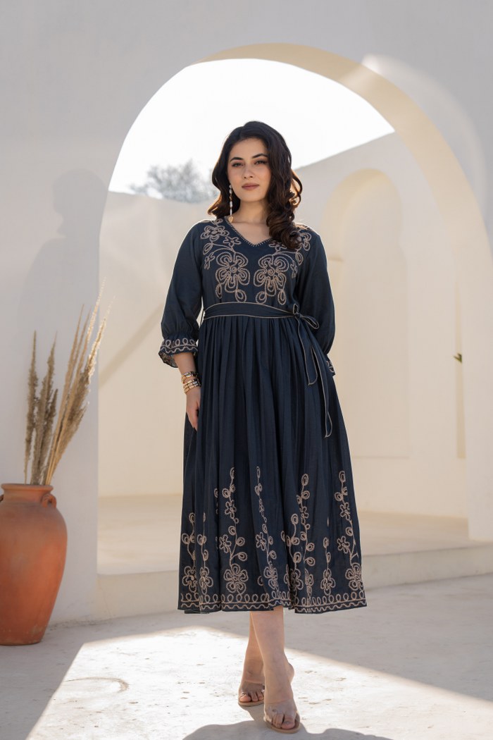 Midnight Grace Ethereal Threadwork Pure Cotton Long Dress