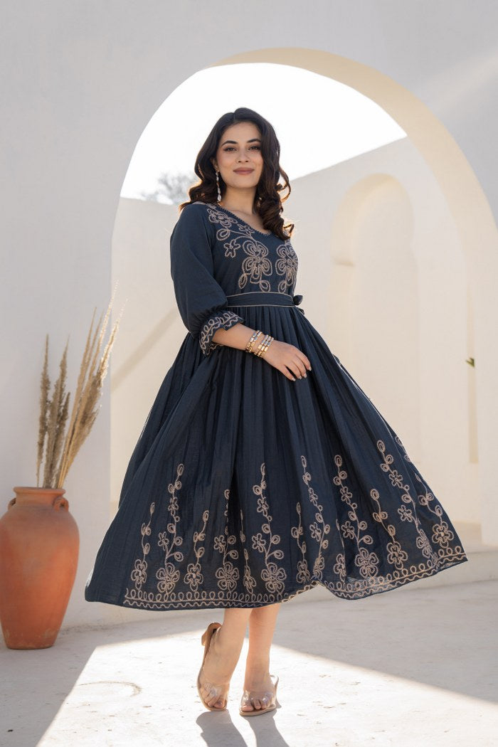 Midnight Grace Ethereal Threadwork Pure Cotton Long Dress