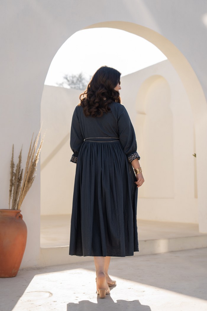 Midnight Grace Ethereal Threadwork Pure Cotton Long Dress
