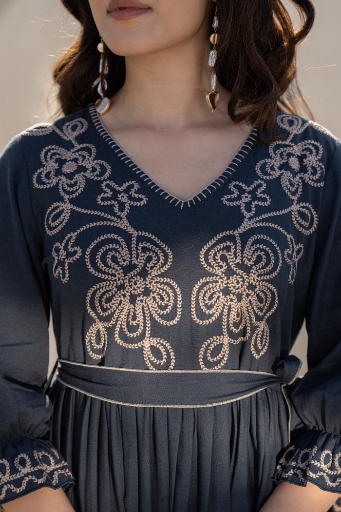 Midnight Grace Ethereal Threadwork Pure Cotton Long Dress