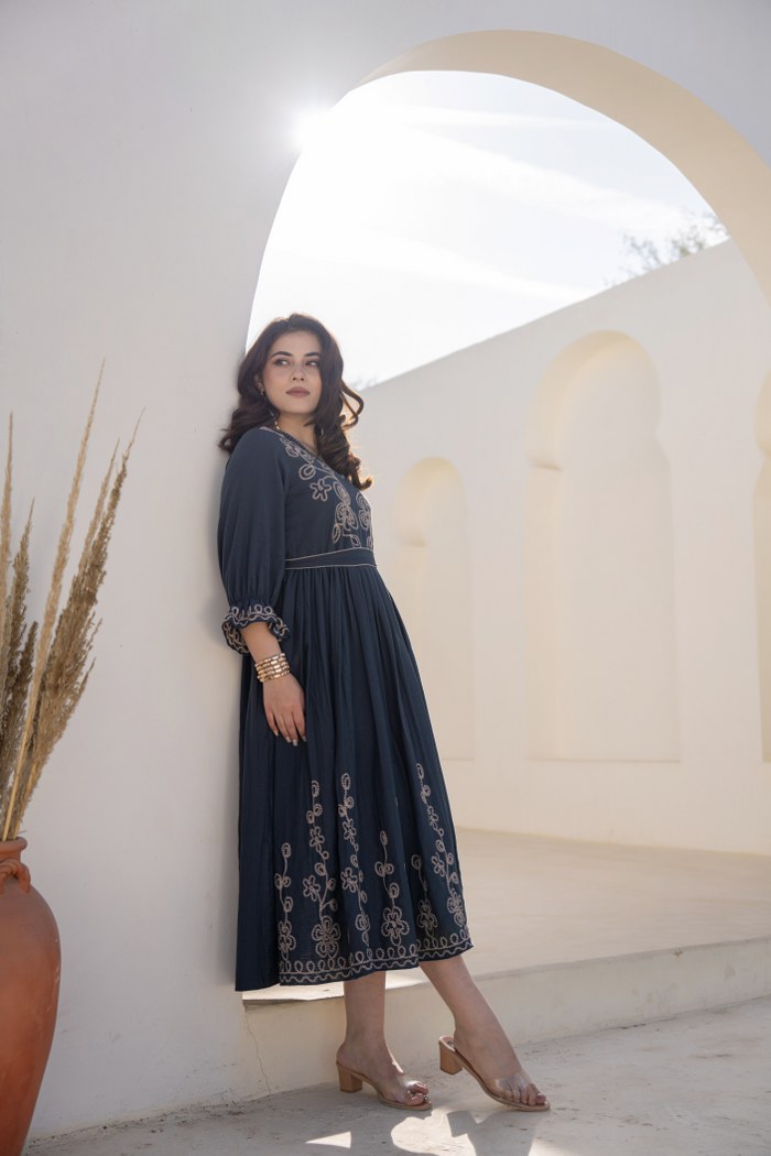 Midnight Grace Ethereal Threadwork Pure Cotton Long Dress
