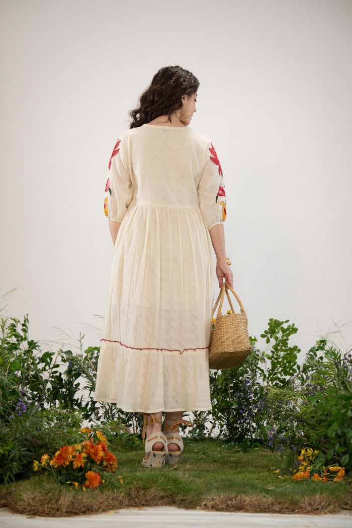 Radiant Floral Elegance: Boho Embroidered Long White Dress.