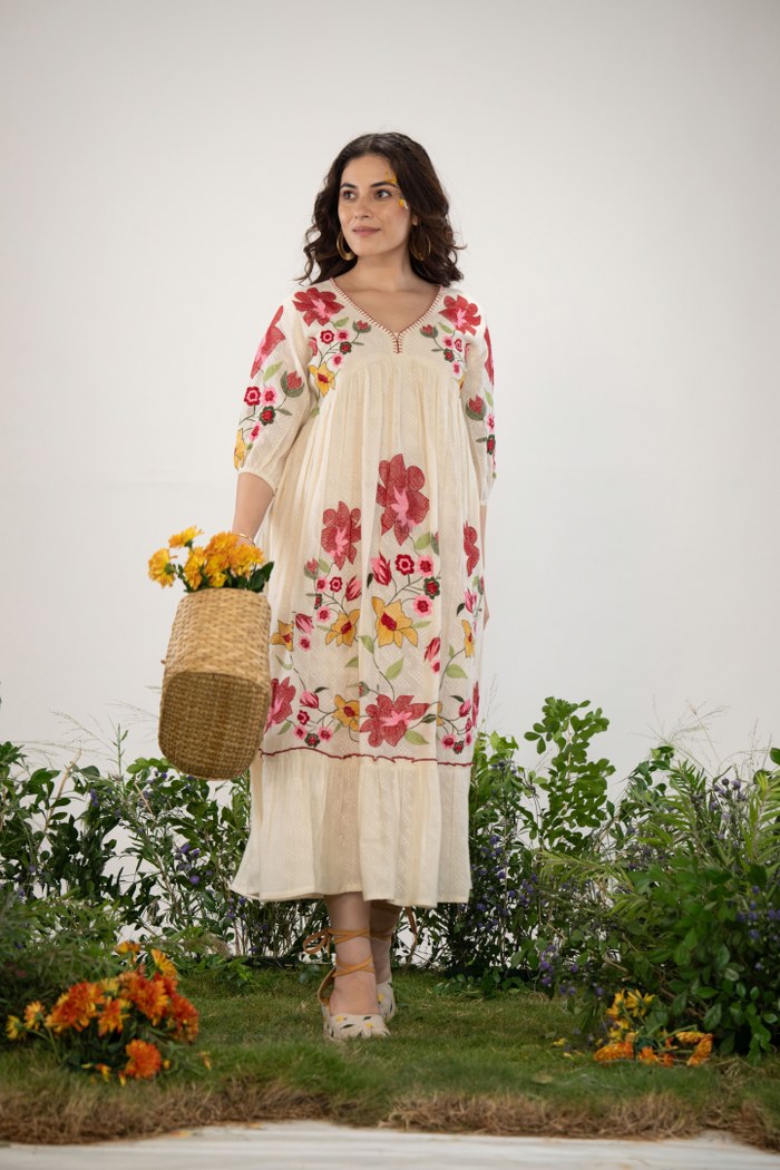 Radiant Floral Elegance: Boho Embroidered Long White Dress.