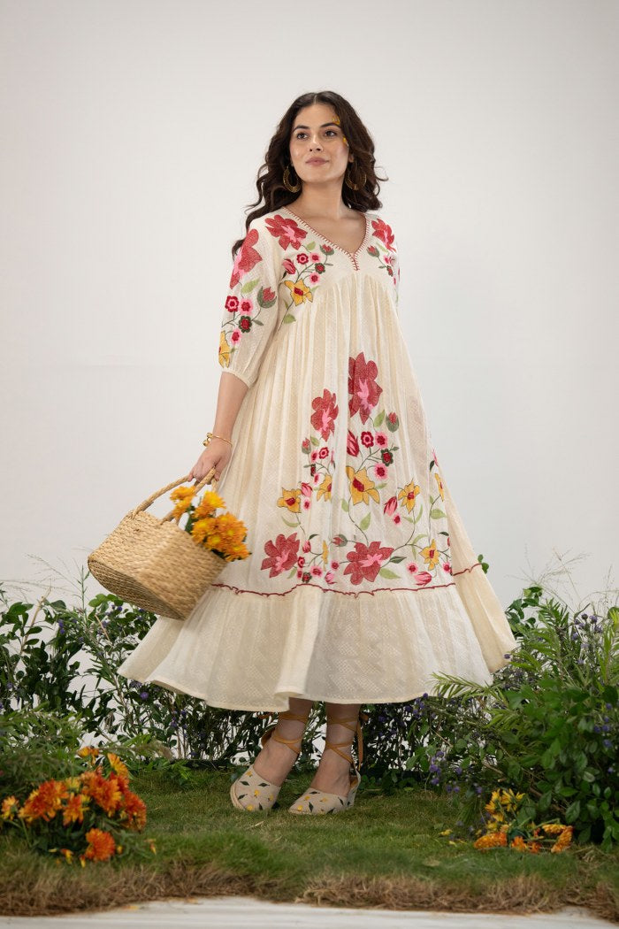 Radiant Floral Elegance: Boho Embroidered Long White Dress.