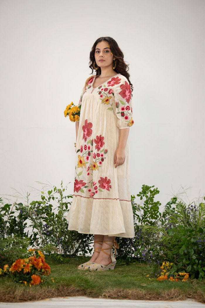 Radiant Floral Elegance: Boho Embroidered Long White Dress.