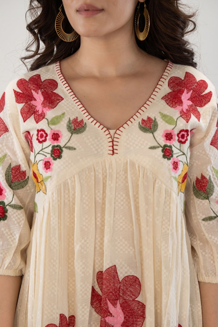 Radiant Floral Elegance: Boho Embroidered Long White Dress.