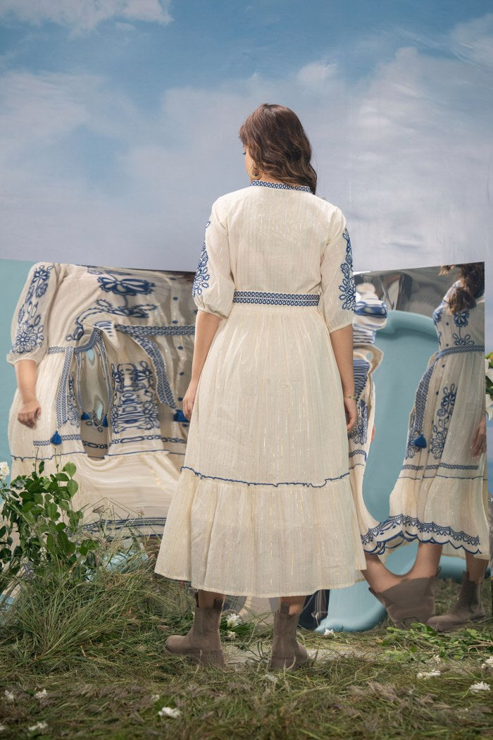 Elegance Defined: Off-White Cotton Dress with Blue Embroidery