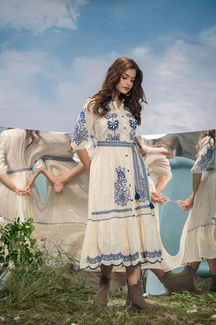 Elegance Defined: Off-White Cotton Dress with Blue Embroidery