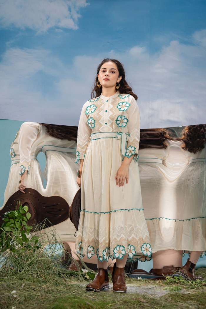Serene Beauty: Off-White Embroidered Frock