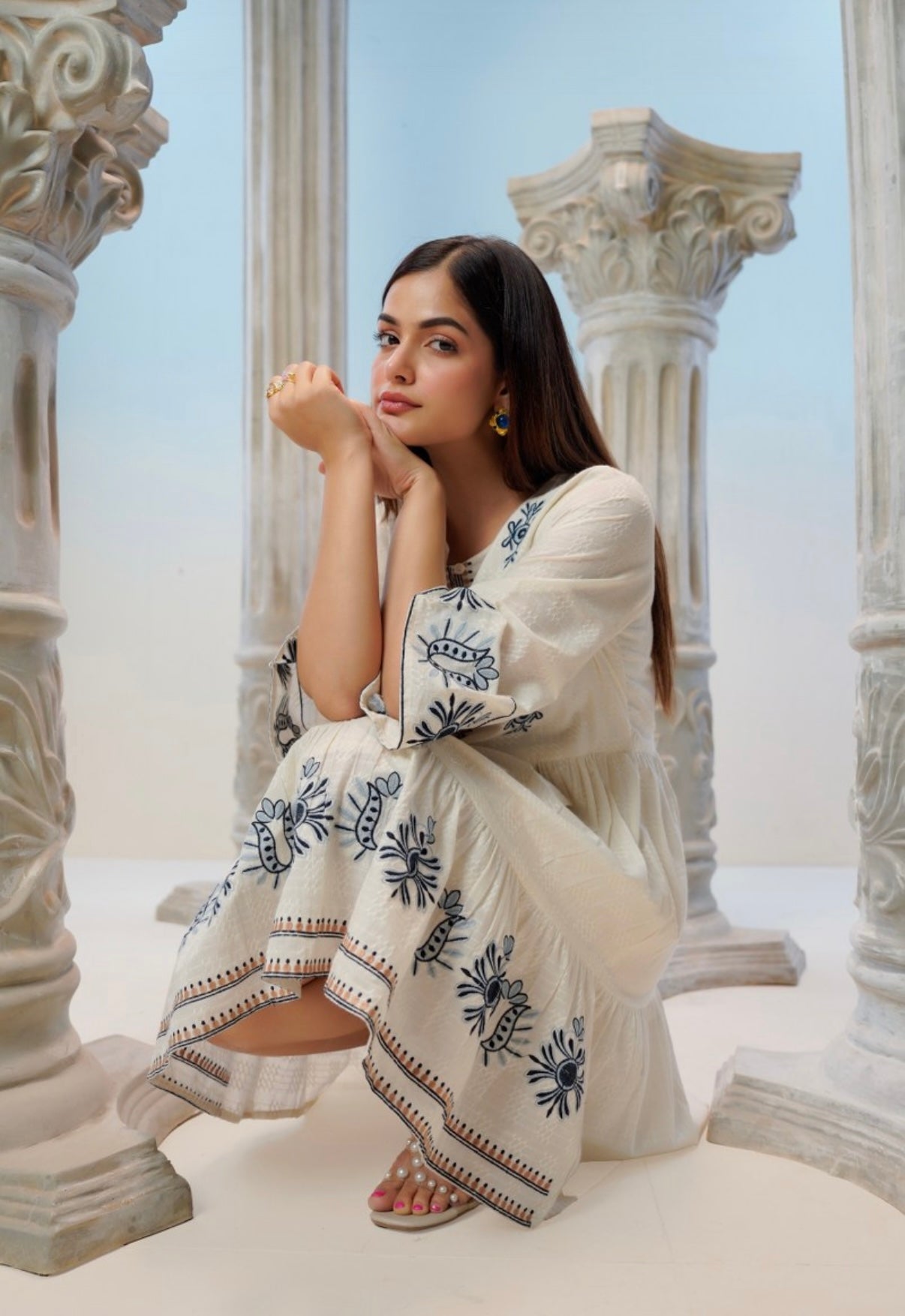 Serene Ivory Floral Embroidered Cotton Dress