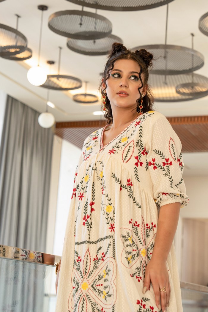 Graceful Bloom: Embroidered Off-White Cotton Dress