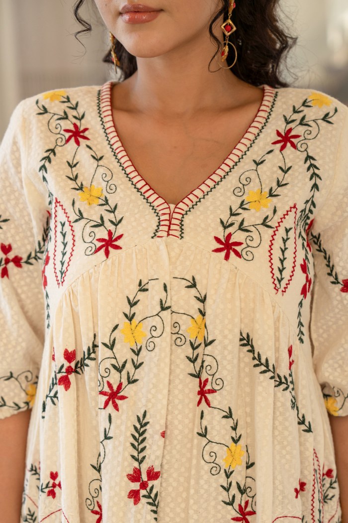 Graceful Bloom: Embroidered Off-White Cotton Dress