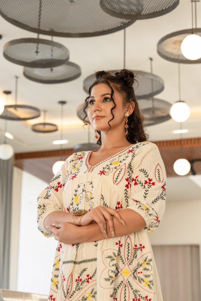 Graceful Bloom: Embroidered Off-White Cotton Dress