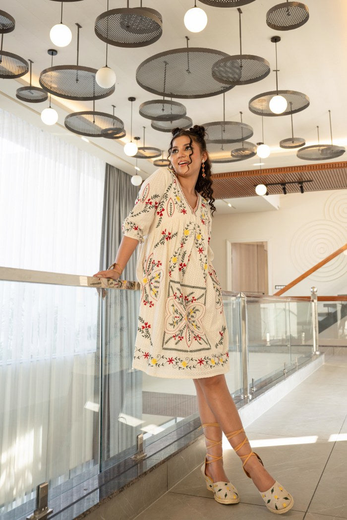 Graceful Bloom: Embroidered Off-White Cotton Dress